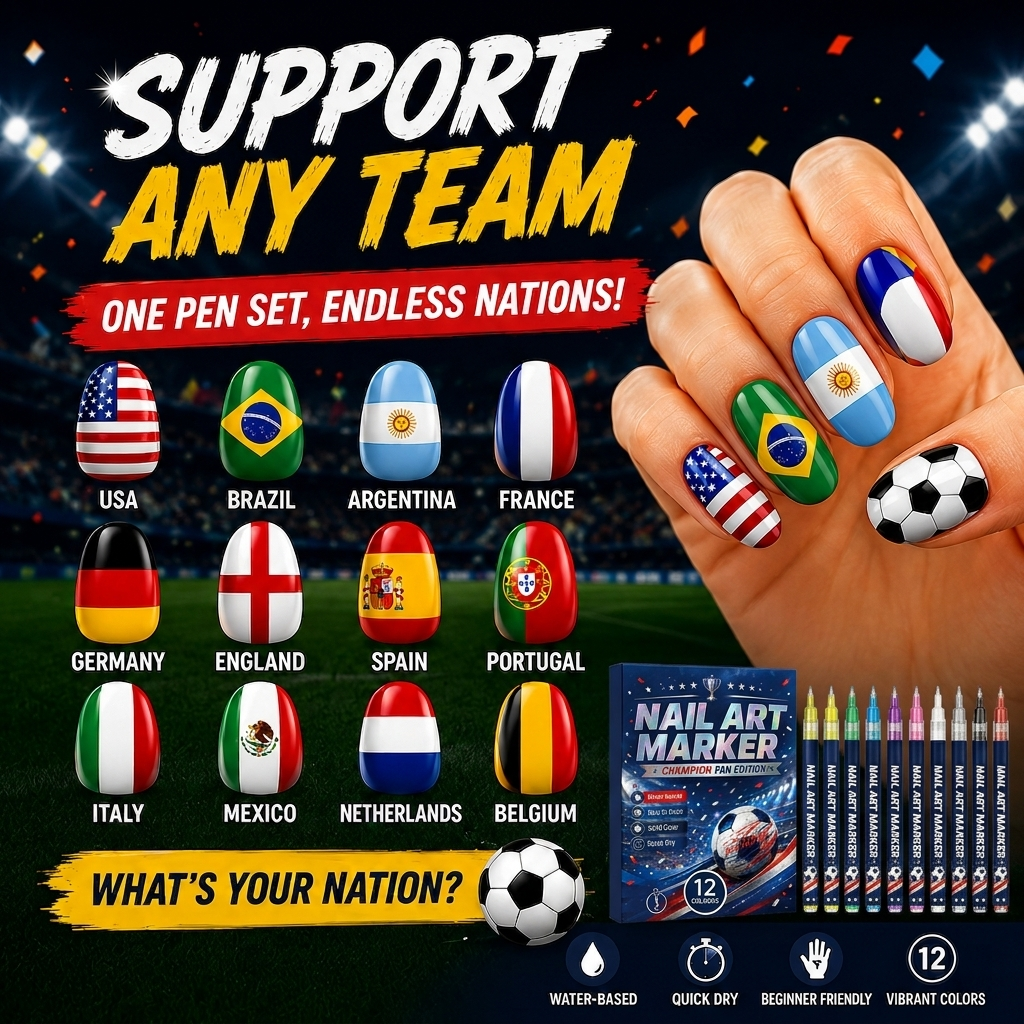 12 Colors Fan Nail Art Pens | Water Based Quick Dry Flag Marker for Soccer Supporters Match Day DIY Nail Decor