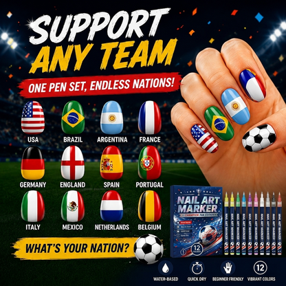 12 Colors Fan Nail Art Pens | Water Based Quick Dry Flag Marker for Soccer Supporters Match Day DIY Nail Decor